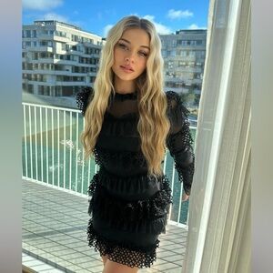 Owcollection Elegant Black Ruffled Dress